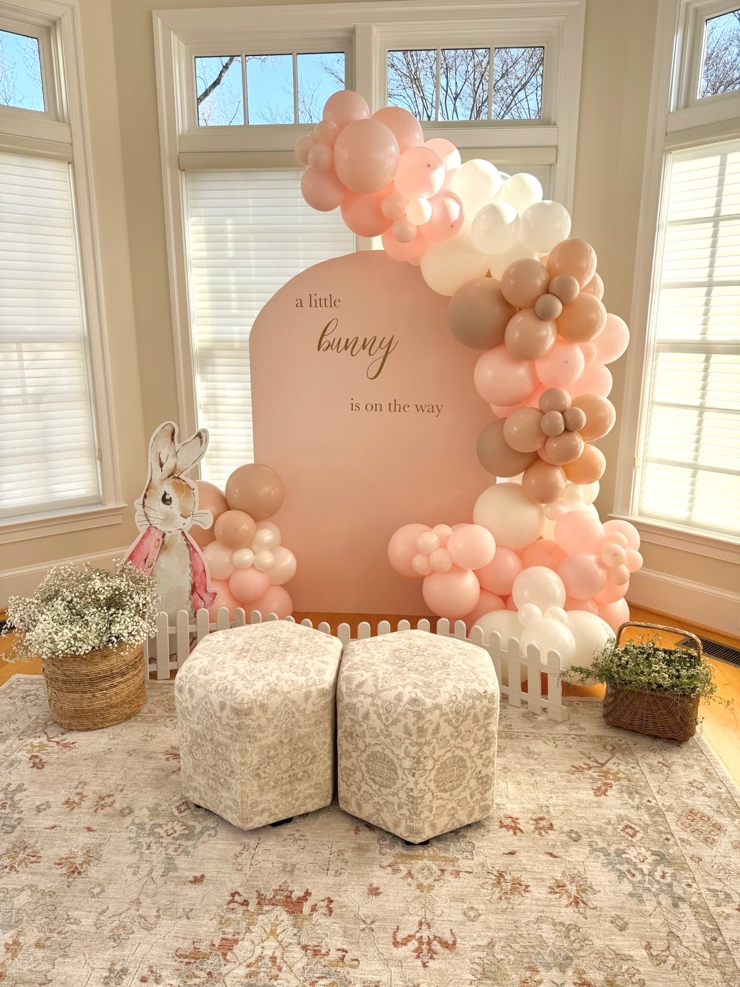 “A Little Bunny Is On The Way” Baby Shower Backdrop Setup